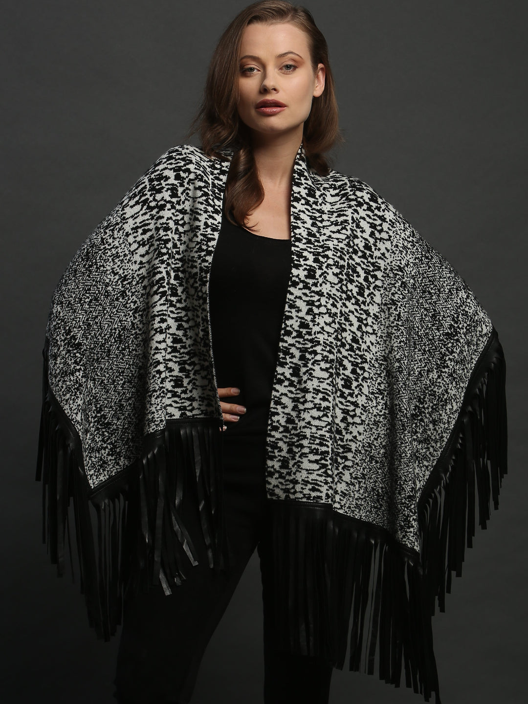 Leather Fringed Jacquard Asymmetrical Cape