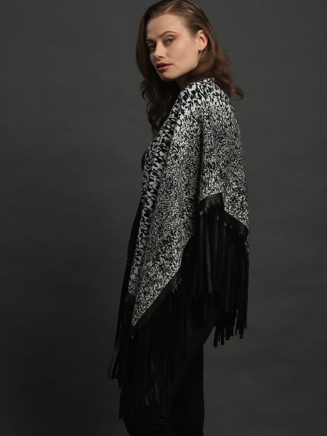 Leather Fringed Jacquard Asymmetrical Cape