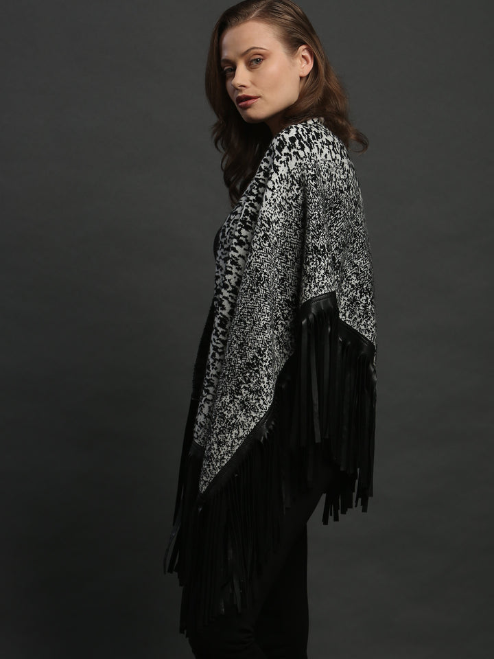 Leather Fringed Jacquard Asymmetrical Cape