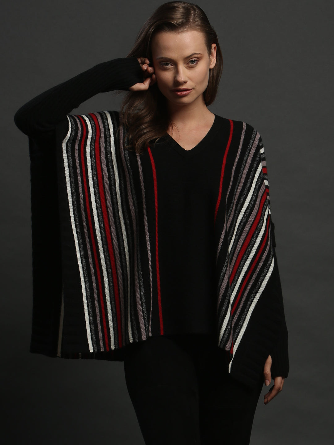 V Neck Sleeved Poncho Sweater