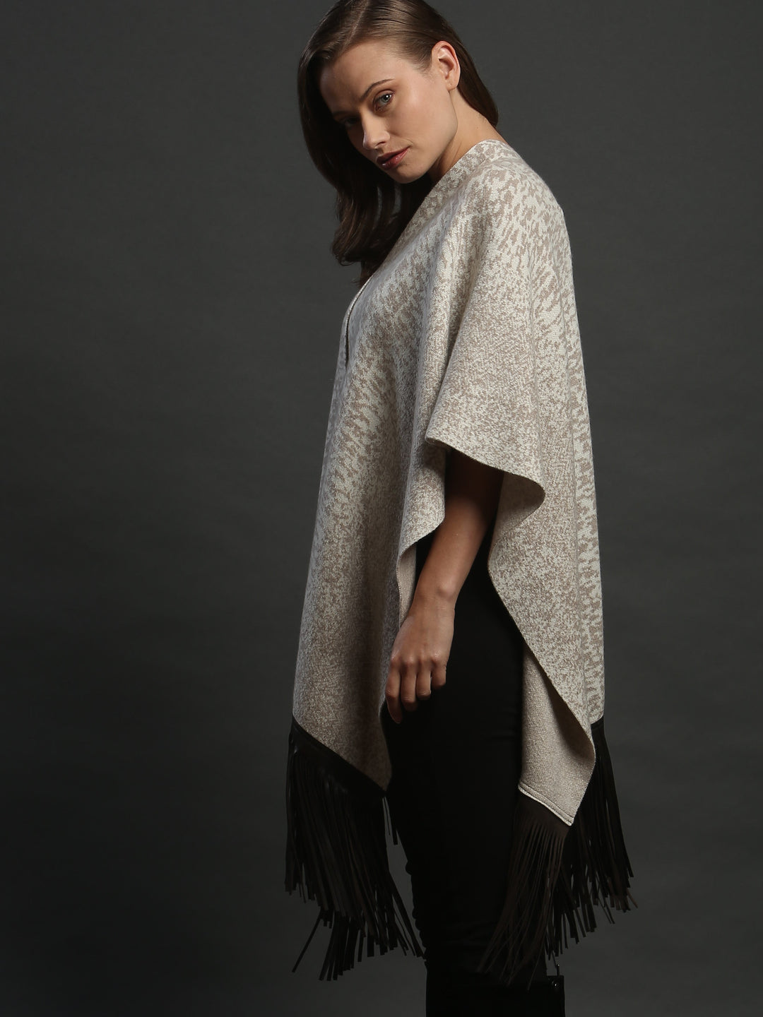 Leather Fringed Jacquard Cape