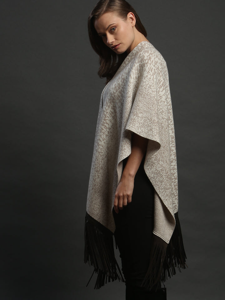 Leather Fringed Jacquard Cape