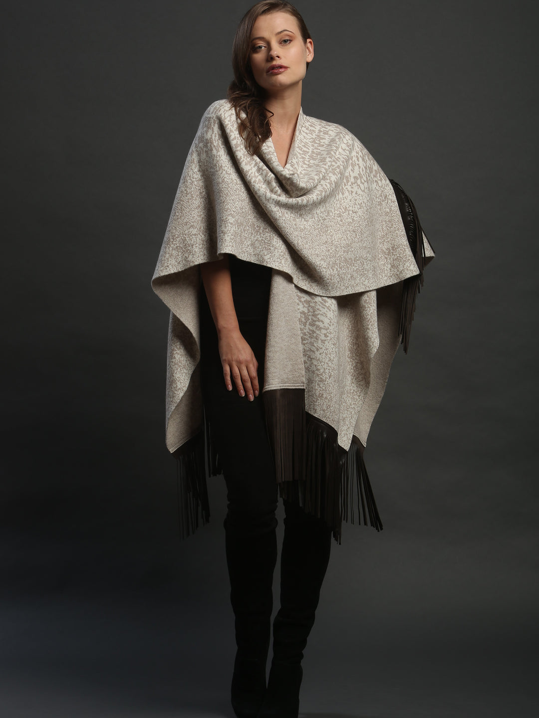Leather Fringed Jacquard Cape