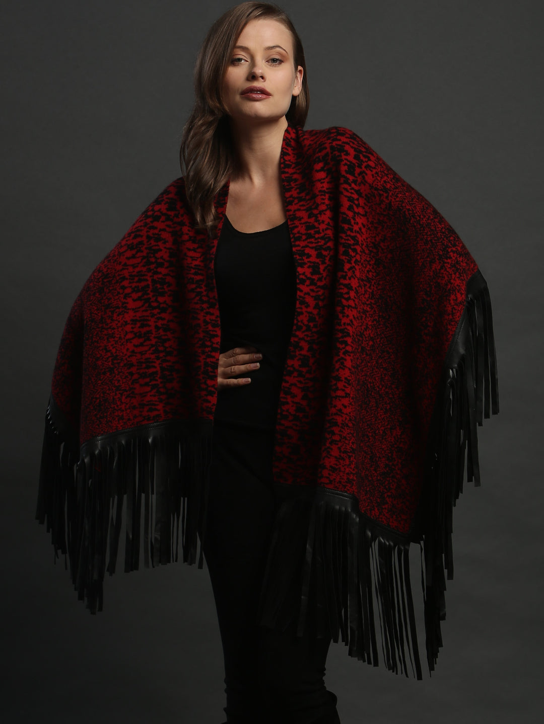 Leather Fringed Jacquard Asymmetrical Cape