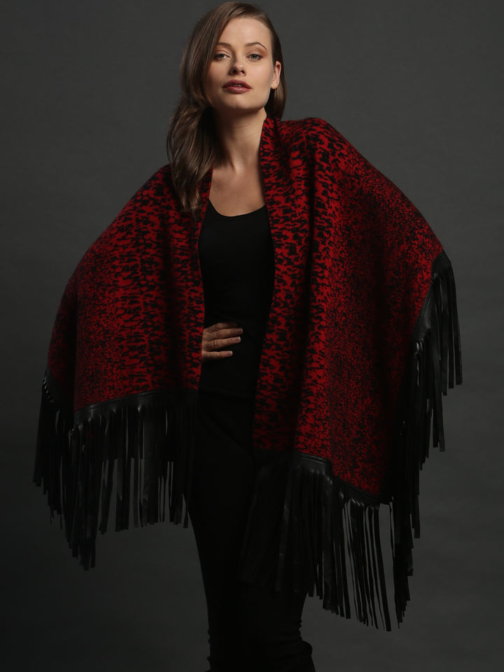 Leather Fringed Jacquard Asymmetrical Cape