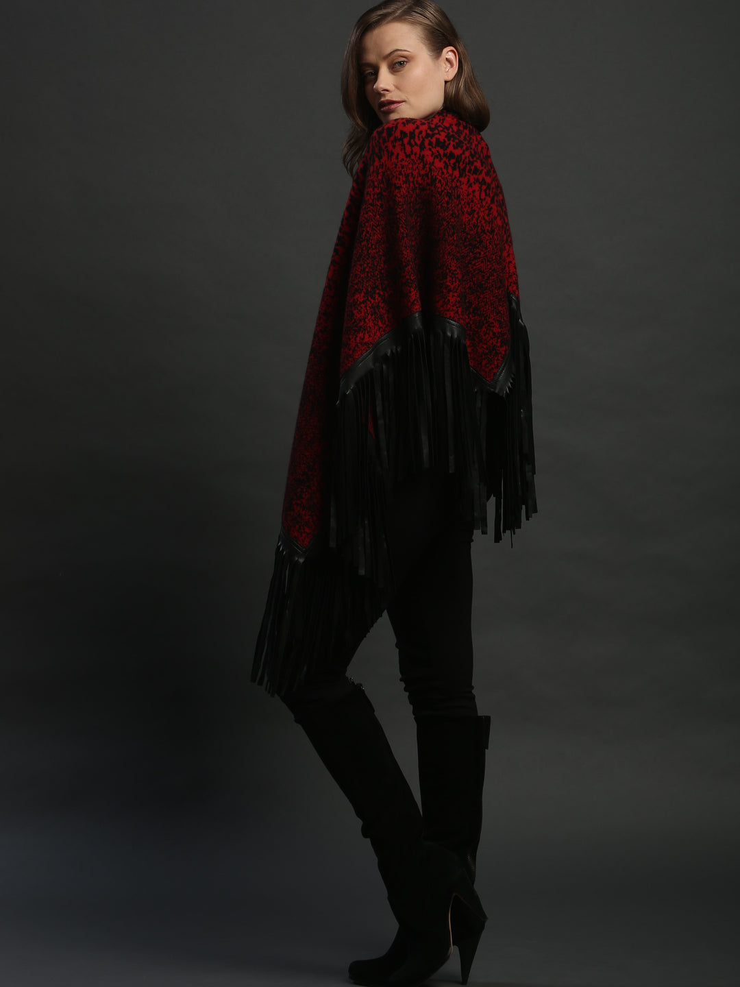 Leather Fringed Jacquard Asymmetrical Cape
