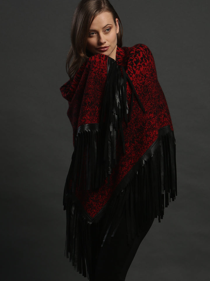 Leather Fringed Jacquard Asymmetrical Cape