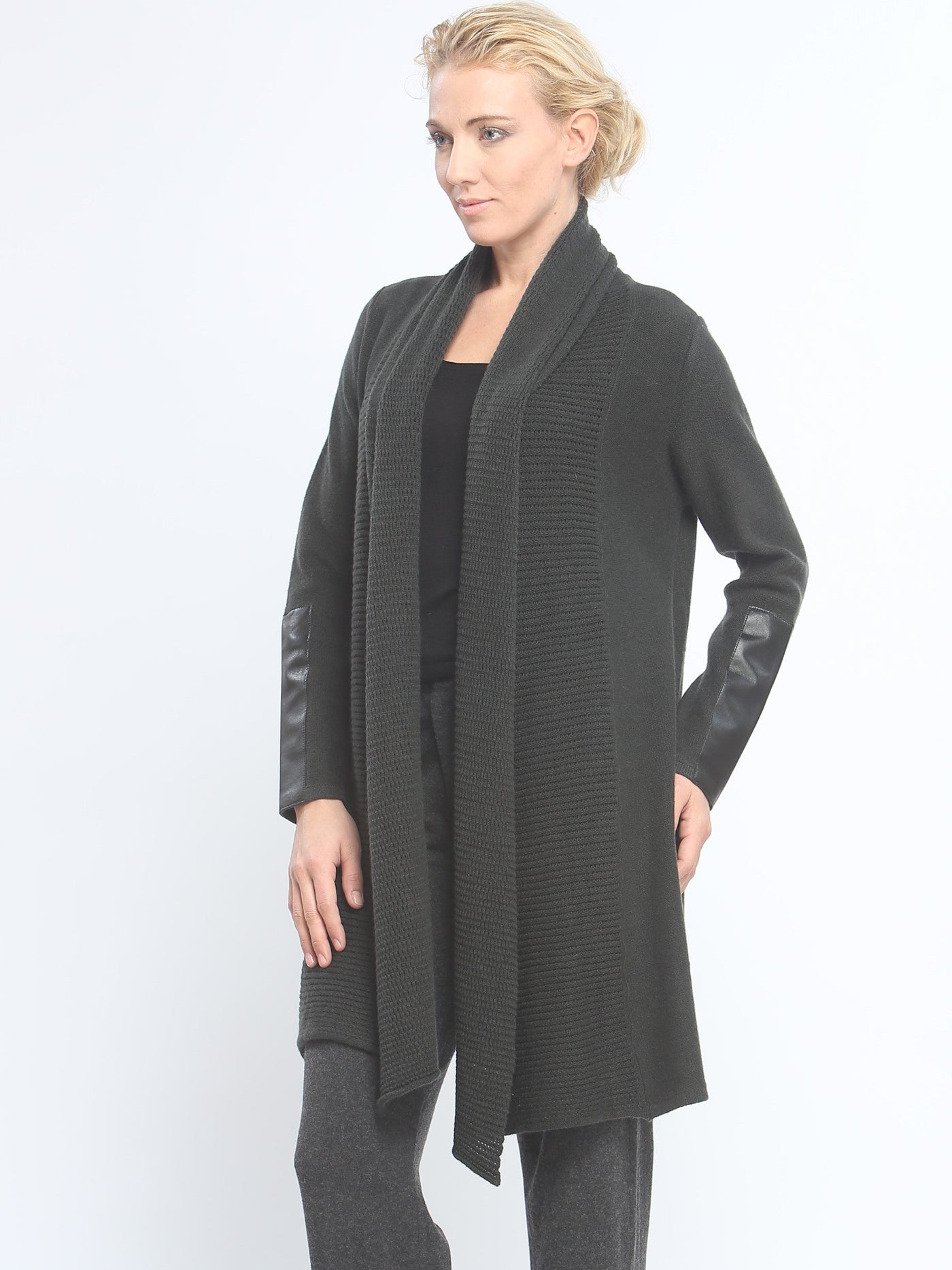 Leather Trimmed Long Wrap Coat