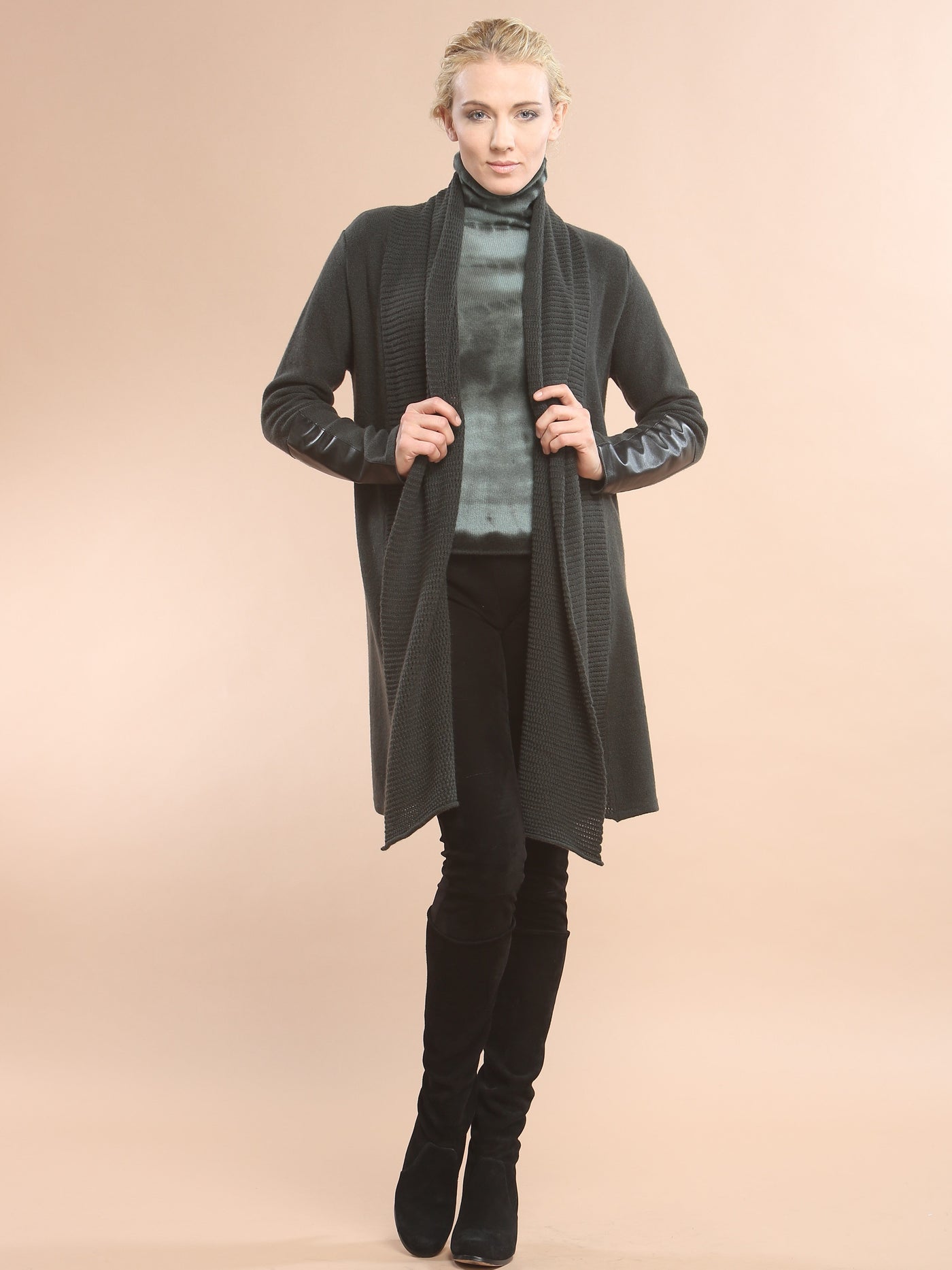 Leather Trimmed Long Wrap Coat