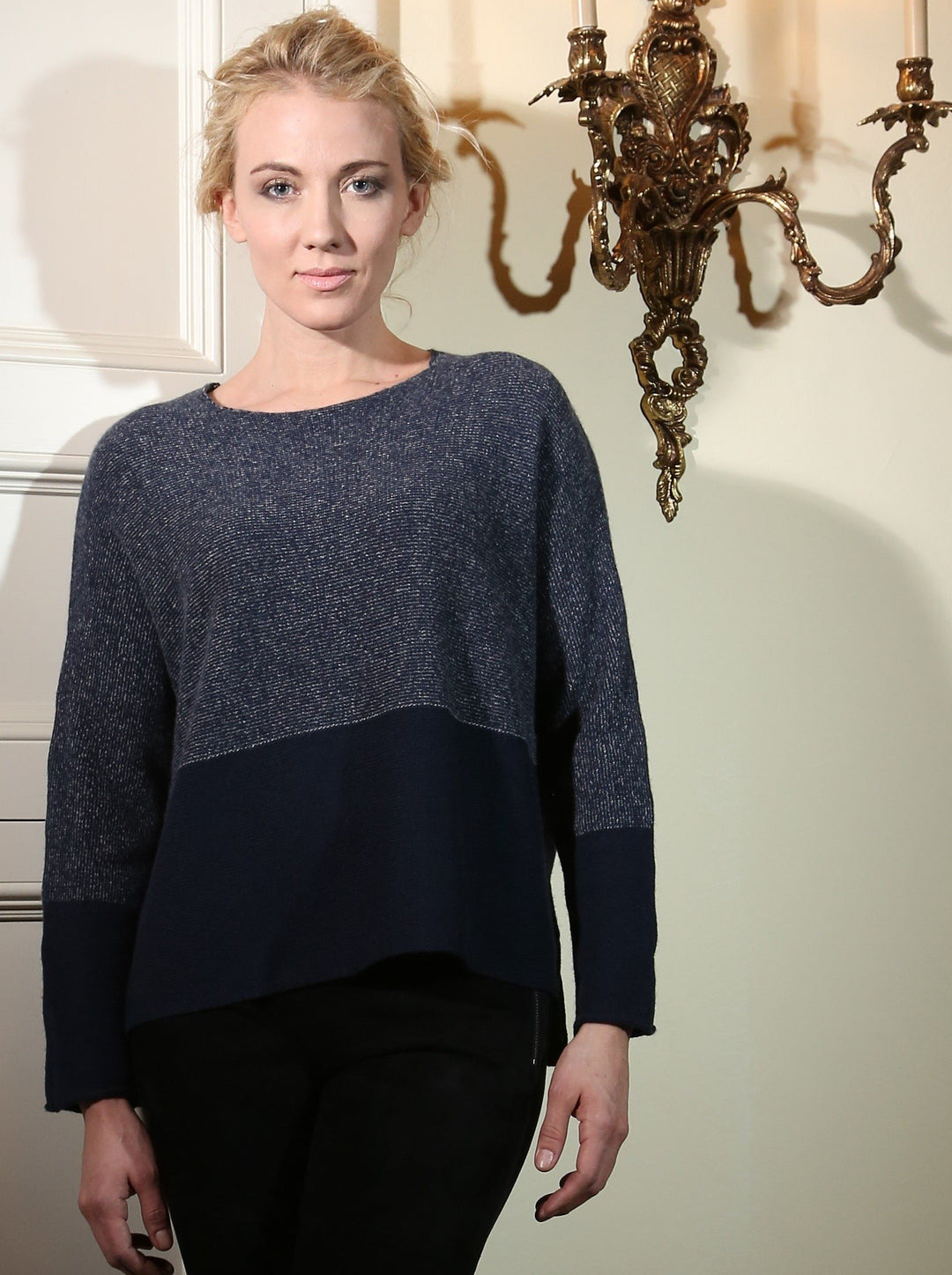 Two-Tone Color Block Crewneck in Cashmere