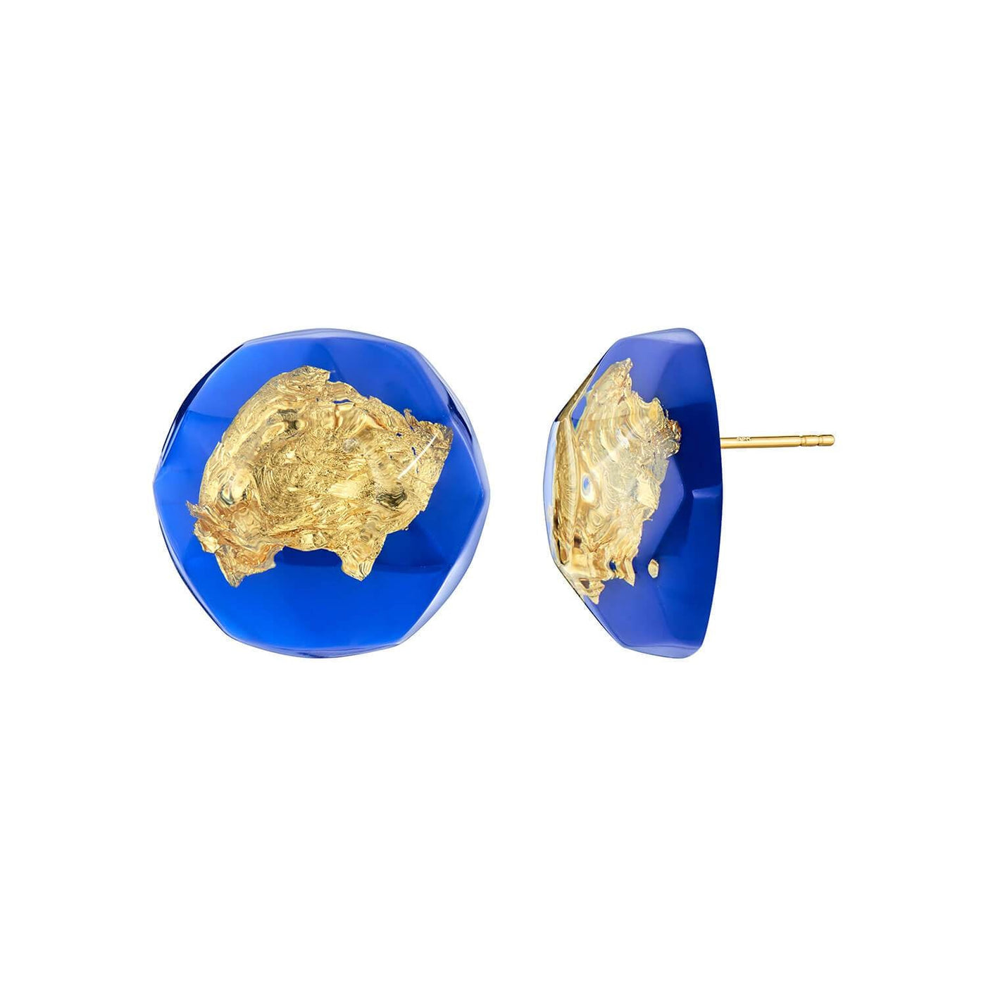 24K Gold Leaf Button Stud Earrings - Blue