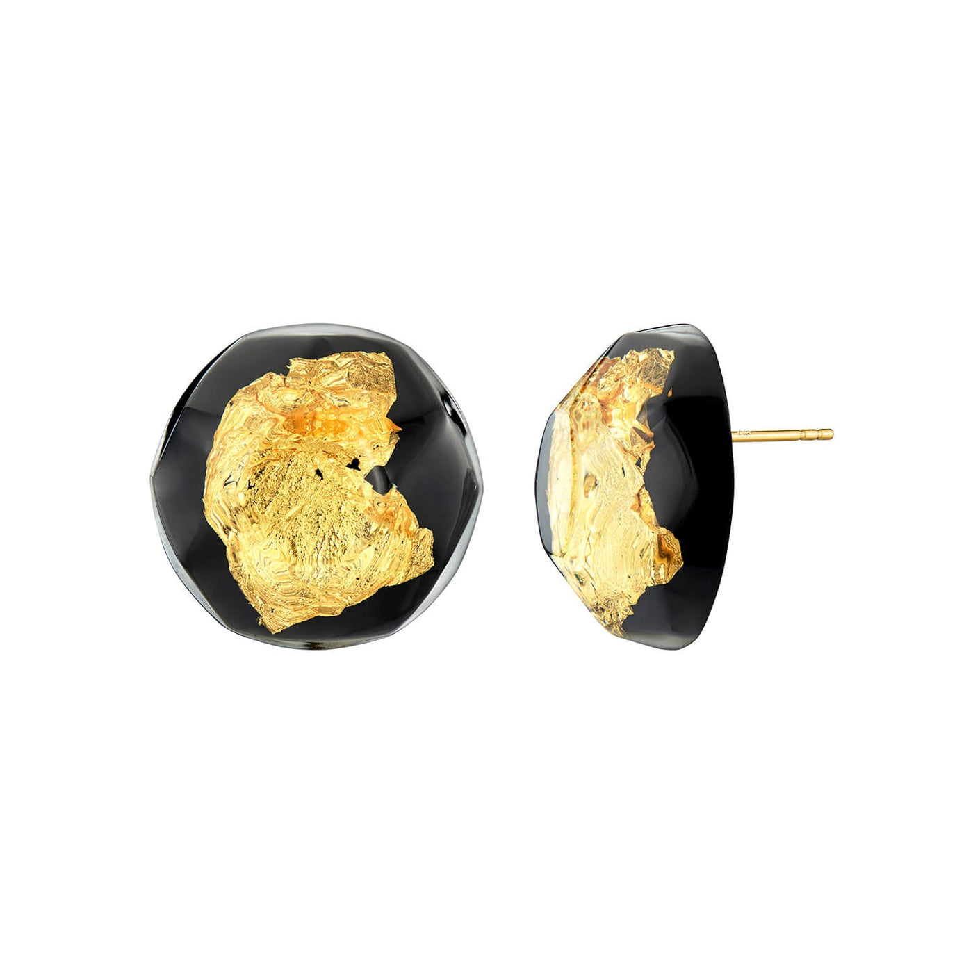 24K Gold Leaf Button Stud Earrings - Black