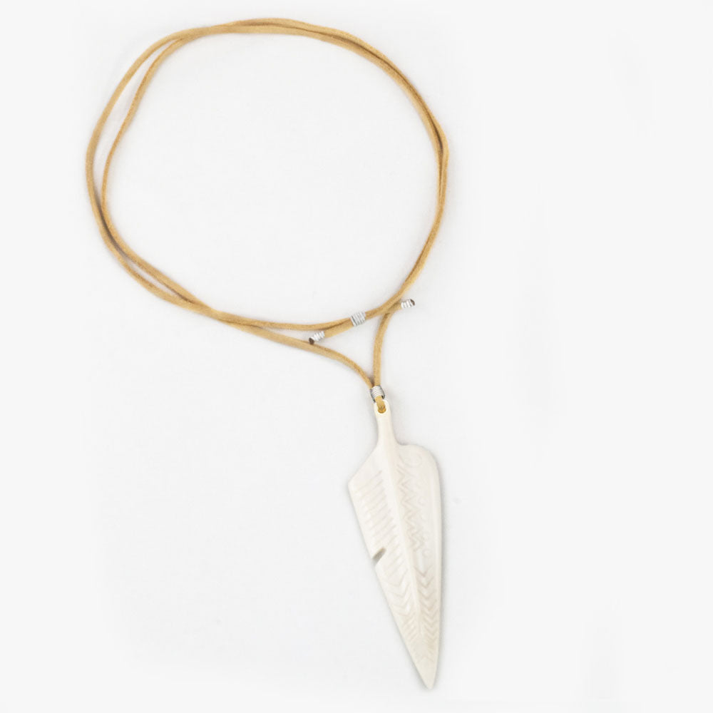 Feather Engraved Camel Bone Pendant with beige suede necklace