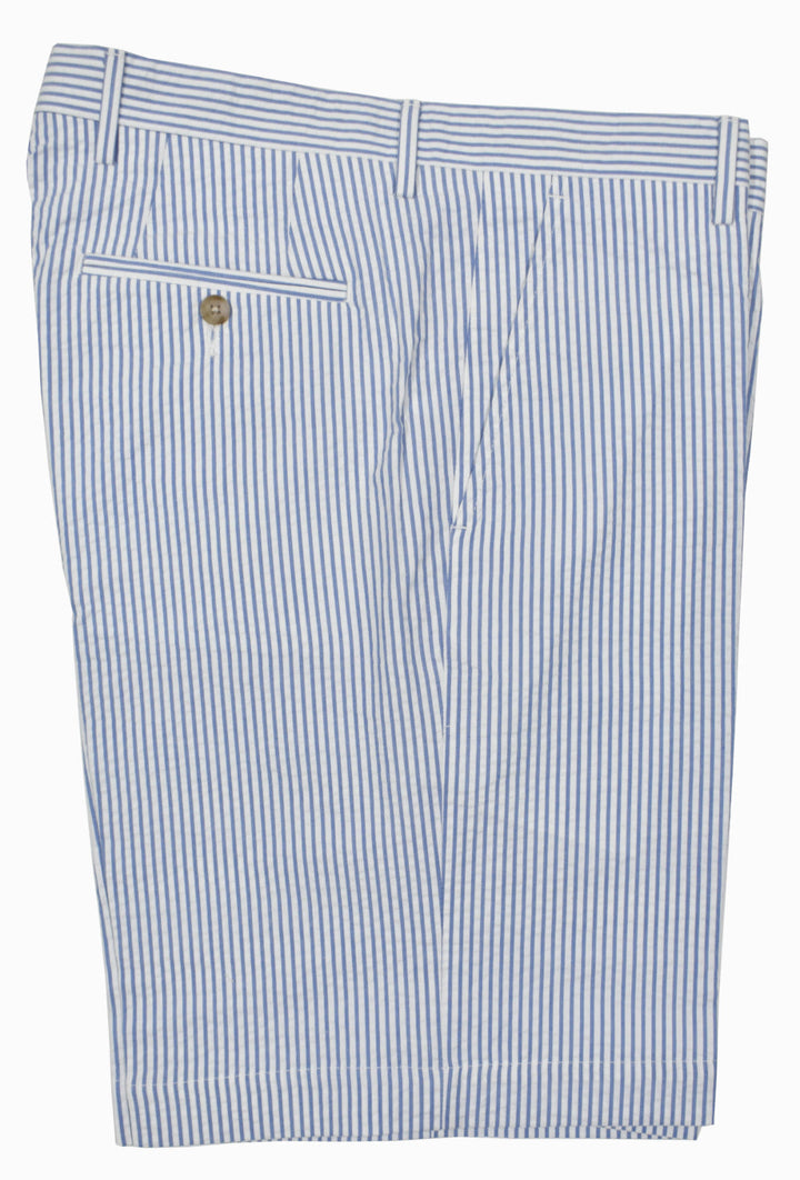 Dress up your Spring/Summer look with a classic seersucker stripe short, sure to be a nice change from your everyday solid shorts.  100% soft combed cotton for comfort and breathability.  Just above the knees length, classic pockets and classic fit.  Colors: Blue, Red