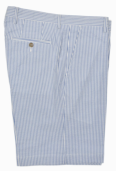 Dress up your Spring/Summer look with a classic seersucker stripe short, sure to be a nice change from your everyday solid shorts.  100% soft combed cotton for comfort and breathability.  Just above the knees length, classic pockets and classic fit.  Colors: Blue, Red