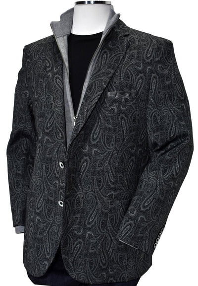 Combine a cool trend look with a performance fabric and you are ready to jet set. This jacket can be folded into a small bag that doubles as the pocket square. Open it up and throw it on, no ironing needed. Soft microfiber fabric, quarter lined and modern fit with a little stretch.  Visconti Grey Paisley Traveler Coat  Soft microfiber fabric resists wrinkling. Fold it, crumple it, shove it in your bag, always ready to go. Grey with fashion paisley styling. Quarter lined. Modern Fit
