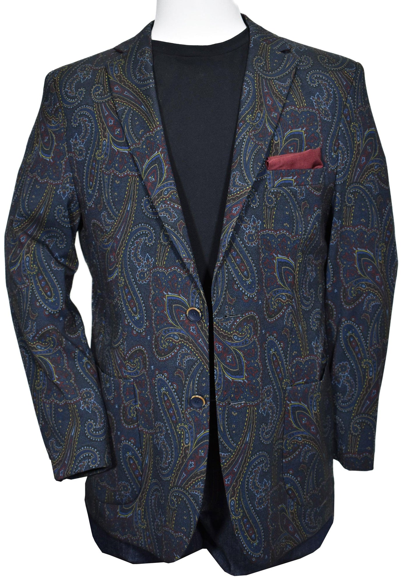 Combine a cool trend look with a performance fabric and you are ready to jet set. This jacket can be folded into a small bag that doubles as the pocket square. Open it up and throw it on, no ironing needed. Soft microfiber fabric, quarter lined and modern fit with a little stretch.  Visconti Navy Paisley Traveler Coat  Soft microfiber fabric resists wrinkling. Great for traveling, crumple it up, fold it tight, ready to wear. Dark navy with paisley fashion detailing. Quarter lined. Modern Fit