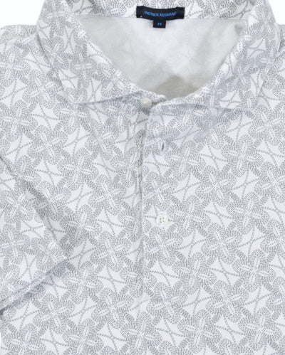 Cozy, elegant and rich Pima cotton polo with a self fabric collar, open sleeve and side vent slits. White ground fabic with a soft grey geometric linked pattern.  The updated geometric pattern adds style.  Classic shaped fit.