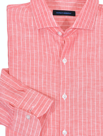 Enzyme washed, Italian designed, soft and light weight linen fabric with a classic fine stripe. Create a sophisticated image with these shirts and a lightweight casual pant.  Soft washed and a medium spread collar that has light fusing for a softer casual effect.  Classic shaped fit.   Colors: Blue, Coral