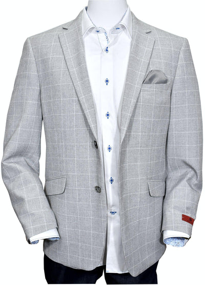 The soft steel color with an accented window pane in off white creates a sophisticated look for a casual sport coat.  Poly microfiber and a touch of lycra add a soft silk like hand feel with stretch for added comfort.  The result is a sport coat that travels well and does not wrinkle.  The coat is fully lined, with a neat traditional lining, that is also used to line the chest pocket and function as a pocket square.  Side vented.  Slim fit, best for a slim to moderate build.