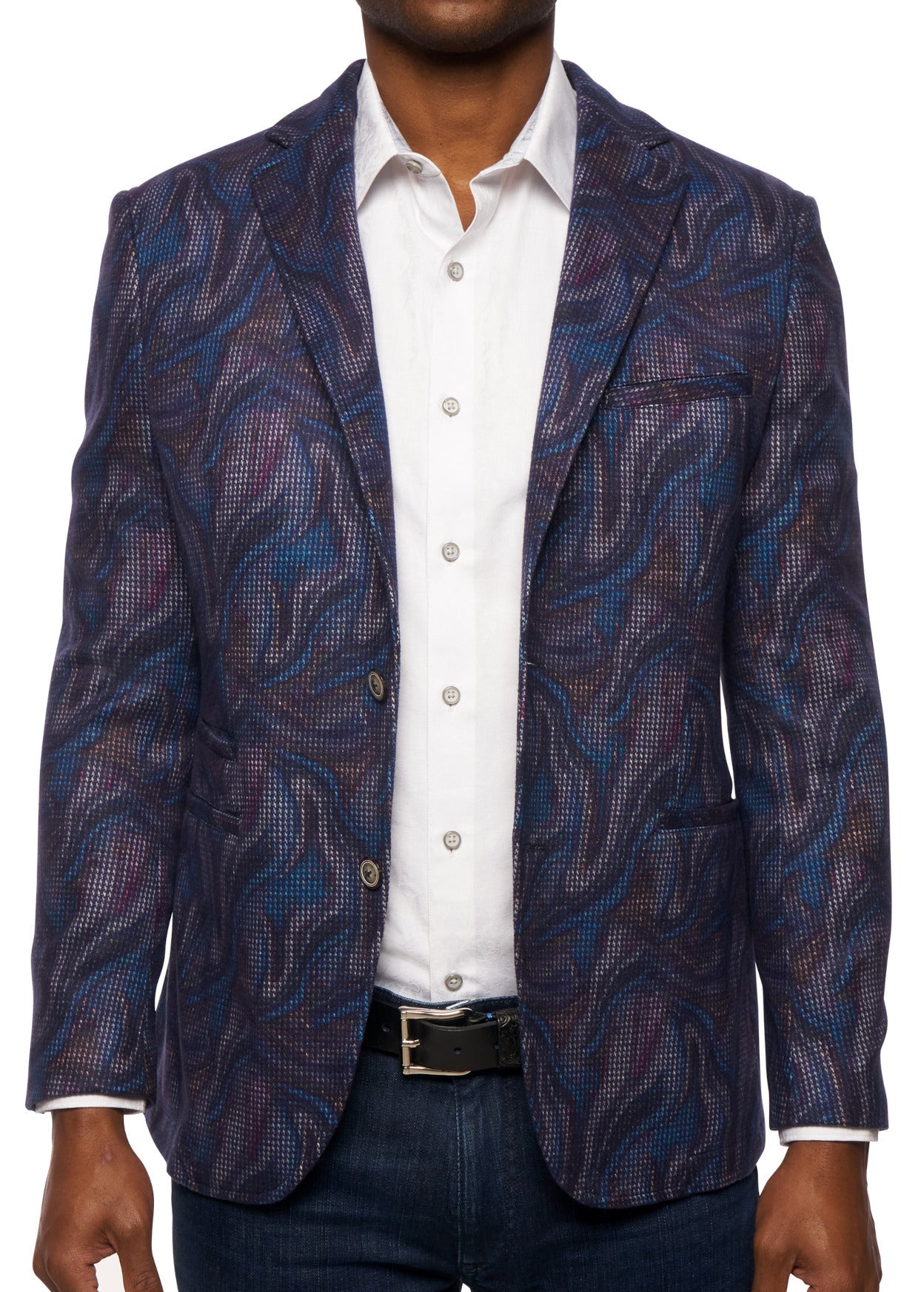 Typical Robert Graham style is like no other.   Soft velour type fabric feels great on this unique fashion sport coat.  Center back vent, shorter sport model with extra pockets and signature enhanced Graham detailing.  A perfect complement to your denim or fashion lifestyle to create a cool, sophisticated image.   Modern fit.