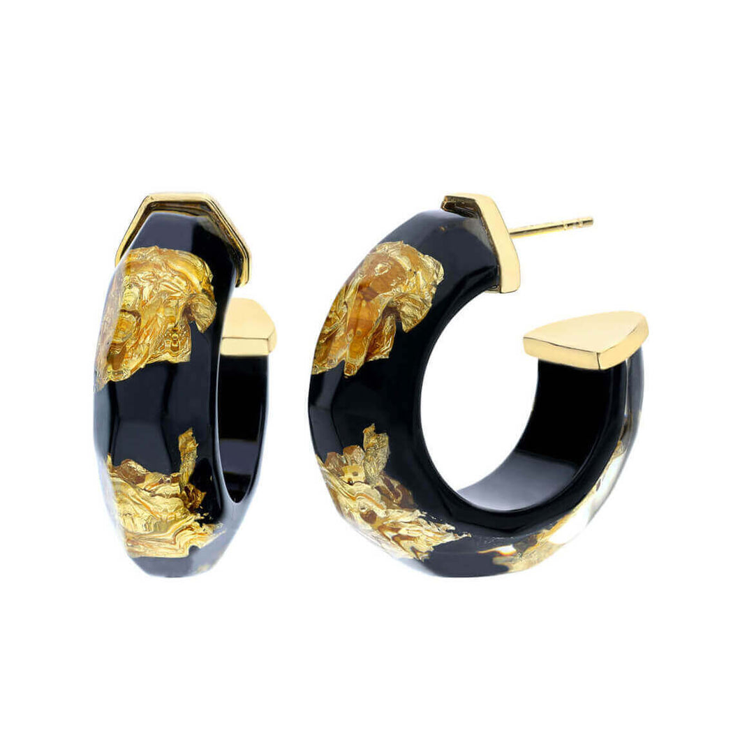 Gold Leaf Faceted Lucite Hoops - BLACK