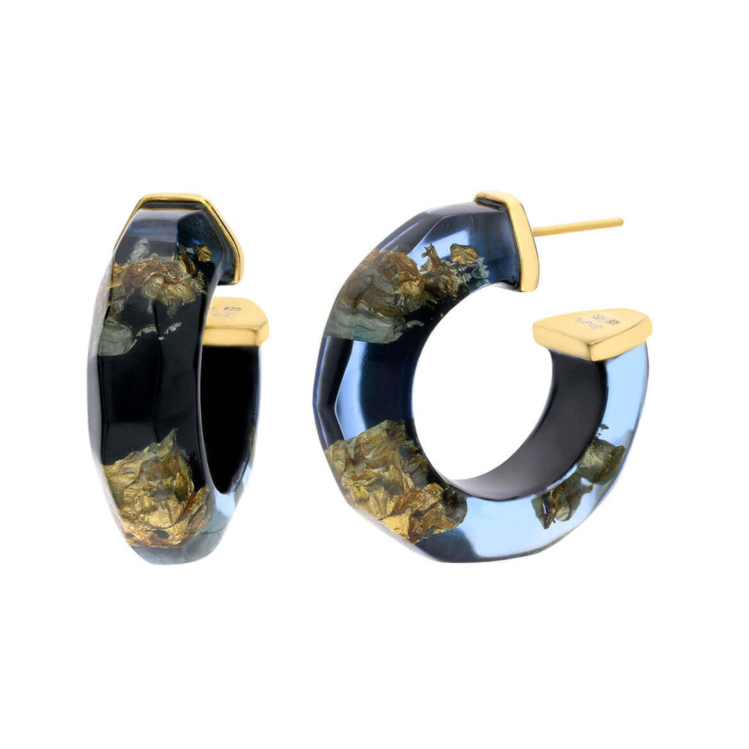 Gold Leaf Faceted Lucite Hoops - BLUE