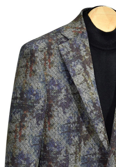 Graham abstract sport coat with denim and black tones to match perfectly with jeans or slacks. Shown with a Gionfriddo solid mock for an updated fashion look. Contemporary fit.