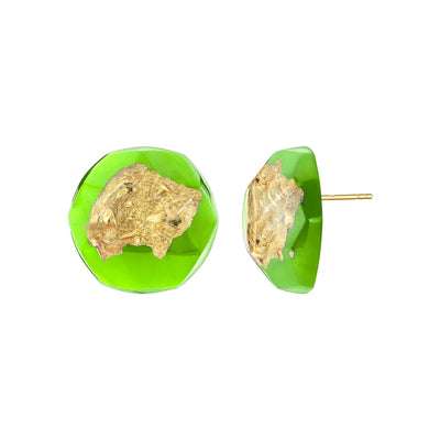 24K Gold Leaf Button Stud Earrings IN GREEN