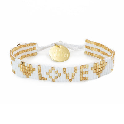 Seed Bead LOVE with Hearts Bracelet - White & Gold